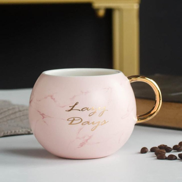 Coffee Mug Printing with Gold 530ML Women Men Marble Ceramic Coffee Mug Milk Drink Cup Novelty Gift, Black, White, Pink